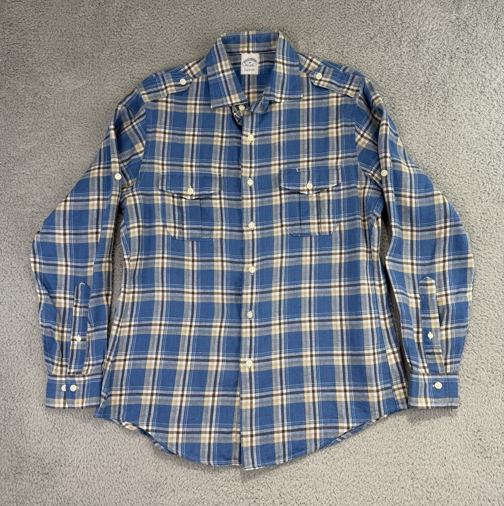 Brooks Brothers Plaid Irish Linen Epaulette Long Sleeve Shirt Mens Size Medium